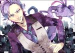  1boy extra_arms fangs gashima411 green_eyes grin hands_on_hips lizard_tail monsters_inc. necktie personification purple_hair randall_boggs sharp_teeth slit_pupils smile vest 