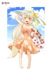  1girl animal_ears arm_up armpits bare_arms barefoot blonde_hair blue_sky bow breasts brown_dress cleavage clouds collarbone dress eyebrows fang floral_print fox_ears fox_tail hat hat_bow heart kohaku_(yua) looking_at_viewer open_mouth original sky sleeveless sleeveless_dress slit_pupils smile solo sundress tail thick_eyebrows yellow_eyes yua_(checkmate) 