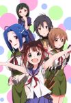  5girls aco_horn alternate_hairstyle amami_haruka black_hair blue_hair brown_eyes brown_hair cosplay ebisuzawa_kurumi ebisuzawa_kurumi_(cosplay) fingerless_gloves gakkou_gurashi! gloves green_eyes green_hair hagiwara_yukiho hamster hamuzou hat idolmaster kikuchi_makoto long_hair looking_at_viewer miura_azusa mole multiple_girls naoki_miki naoki_miki_(cosplay) open_mouth otonashi_kotori pillow_hat red_eyes sakura_megumi sakura_megumi_(cosplay) school_uniform short_hair shovel smile takeya_yuki takeya_yuki_(cosplay) trait_connection wakasa_yuuri wakasa_yuuri_(cosplay) worktool 