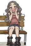  1girl :d bench blush boots denim denim_shorts grey_eyes grey_hair hair_ornament hairclip hands_on_own_cheeks hands_on_own_face long_hair looking_at_viewer off_shoulder open_mouth original shorts simple_background sitting smile solo sweatdrop white_background yamamoto_souichirou 