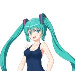  1girl aqua_eyes aqua_hair hatsune_miku highres long_hair looking_at_viewer open_mouth school_swimsuit simple_background solo swimsuit twintails upper_body vocaloid white_background 