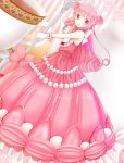 1girl bow cup curly_hair double_bun dress dutch_angle food_themed_clothes gloves gulico_(otoca_doll) long_hair momichika otoca_doll oversized_object pink_bow pink_dress pink_eyes pink_hair smile solo spoon striped striped_background teacup tiara white_gloves 