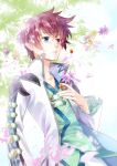  1boy asbel_lhant blue_eyes coat flower green_shirt heterochromia lowah male_focus redhead shirt solo tales_of_(series) tales_of_graces violet_eyes 