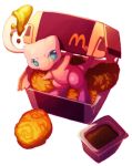  blue_eyes chicken_nuggets food mcdonald&#039;s mew no_humans pokemon sauce shouyu_senbei simple_background white_background 