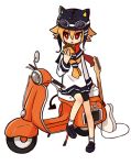  1girl animal_hat arm_support bike_shorts blonde_hair cat_hat demon_tail electric_guitar food goggles_on_hat guitar hamburger hat helmet instrument looking_up motor_vehicle motorcycle_helmet necktie open_mouth original pointy_ears red_eyes school_uniform scooter serafuku shoes sitting sketch sleeves_rolled_up socks solo tail vehicle white_legwear zizi_niisan 