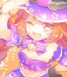  1girl ;d bell bow bracelet brown_hair crop_top envy_(otoca_doll) fang hat hitohira_(shiroringo48) jewelry jingle_bell long_hair lowres one_eye_closed open_mouth orange_eyes otoca_doll purple_bow smile solo striped striped_bow twitter_username 