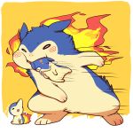  biting chibi cyndaquil evolution fire highres huiro mouth_hold no_humans pokemon pokemon_(creature) quilava tears typhlosion 
