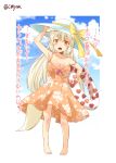  1girl animal_ears arm_up armpits bare_arms barefoot blonde_hair blue_sky bow breasts brown_dress cleavage clouds collarbone dress eyebrows fang floral_print fox_ears fox_tail hat hat_bow kohaku_(yua) looking_at_viewer open_mouth original sky sleeveless sleeveless_dress slit_pupils solo sundress tail thick_eyebrows translation_request yellow_eyes yua_(checkmate) 