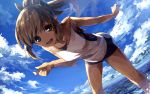  1girl brown_eyes brown_hair i-401_(kantai_collection) k-me kantai_collection ponytail sky smile solo swimsuit 