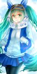  1girl artist_request goggles green_eyes green_hair hatsune_miku highres long_hair looking_at_viewer pantyhose ski_goggles solo twintails vocaloid yuki_miku 