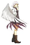  1girl boots dress finger_to_mouth full_body hichiko kishin_sagume long_sleeves looking_at_viewer parted_lips purple_dress red_eyes short_hair silver_hair simple_background single_wing solo touhou vest white_background wings 