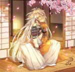  1boy armor cherry_blossoms closed_eyes fang indian_style japanese_armor japanese_clothes kogitsunemaru long_hair low-tied_long_hair male_focus okidokei petals sitting smile sode touken_ranbu white_hair 