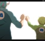  2boys blue_hair fist_bump from_behind green_hair hat horns james_p._sullivan michael_wazowski monsters_inc. multiple_boys mum_(pixiv1182764) personification short_hair 