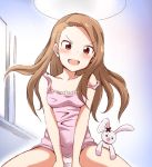  &gt;:3 &gt;:d 1girl :3 :d blush dress idolmaster light_brown_hair long_hair looking_at_viewer minase_iori no.gomensu open_mouth panties pantyshot pantyshot_(sitting) pink_dress red_eyes sitting smile solo strap_slip stuffed_animal stuffed_bunny stuffed_toy underwear 