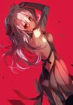  1girl armpits arms_up back bare_shoulders detached_sleeves dress from_behind long_hair looking_at_viewer looking_back open-back_dress original red_eyes silver_hair solo sorolp 