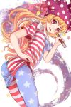  1girl american_flag_legwear american_flag_shirt ass bent_over blush clownpiece hat jester_cap long_hair looking_at_viewer open_mouth pantyhose print_legwear qunqing red_eyes shirt_lift short_sleeves smile solo star striped touhou 