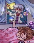  2girls blanket blush bowtie brown_hair closed_eyes curtains dress kishin_sagume long_sleeves lowres lying multiple_girls on_bed on_side open_mouth orb pote_(ptkan) red_eyes shaded_face short_hair silver_hair single_wing sleeping smile text touhou usami_sumireko vest window wings 