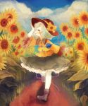  1girl boots closed_eyes clouds eyeball field flower flower_field full_body green_hair grin hat hat_ribbon heart heart_of_string komeiji_koishi long_sleeves profile ribbon shirt short_hair skirt sky smile solo string sunflower third_eye touhou walking wide_sleeves yujup 