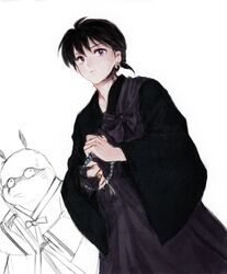  1boy black_hair bracelet flwpaqmf hachiemon inuyasha jewelry miroku monk partially_colored short_hair violet_eyes wide_sleeves 