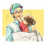  1boy 1girl beard bespectacled blue_eyes blue_hair boo_(monsters_inc.) brown_eyes brown_hair child dress facial_hair glasses james_p._sullivan kiri_futoshi monsters_inc. necktie personification short_hair short_sleeves short_twintails smile twintails vest 