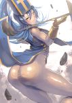  1girl aqua_hair ass bodysuit dragon_quest dragon_quest_iii kazo looking_at_viewer parted_lips priest_(dq3) solo thighs yellow_eyes 