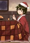  1girl hat hiryuu_(kantai_collection) kantai_collection kotatsu looking_at_viewer poco_(backboa) santa_hat short_hair smile solo table 