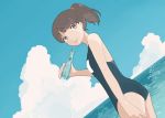  1girl blue_sky bottle brown_hair clouds dutch_angle gumi. high_ponytail horizon looking_at_viewer open_mouth original outdoors ramune school_swimsuit sky solo swimsuit water 