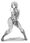  1girl bare_shoulders bodysuit boots breasts cleavage detached_sleeves dino_crisis full_body gloves greyscale gun gureko_rouman handgun knee_boots large_breasts leotard monochrome pistol regina short_hair solo spandex thigh_strap weapon 