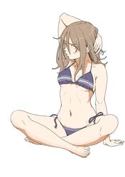  1girl bikini blush breasts brown_eyes brown_hair butterfly_sitting hand_behind_head highres indian_style long_hair looking_at_viewer navel norakura_(nr_kura) original purple_bikini side-tie_bikini simple_background sitting solo stomach swimsuit white_background 