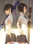  2girls black_hair katana kimura_(ykimu) mouth_hold multiple_girls original red_eyes school_uniform short_hair short_ponytail skirt sword tagme weapon 