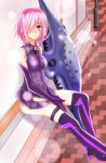 1girl armor bare_shoulders elbow_gloves fate/grand_order fate_(series) gloves hair_over_one_eye highres pink_hair shield shielder_(fate/grand_order) short_hair thigh-highs violet_eyes 