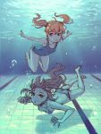  2girls air_bubble bikini breath brown_hair bubble diving freediving holding_breath long_hair multiple_girls one-piece_swimsuit original othel_(hatimorris) ponytail pool puffy_cheeks redhead school_swimsuit sketch swimming swimsuit tied_hair twintails underwater v 