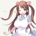  1girl apron blue_dress bracelet breasts brown_eyes brown_hair dress hair_ornament headphones itsumi_(itumiyuo) jewelry large_breasts long_hair looking_at_viewer mizuhara_hayari one_eye_closed open_mouth saki smile solo standing star twintails upper_body white_background 