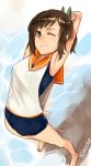  1girl brown_hair i-401_(kantai_collection) kantai_collection one_eye_closed poco_(backboa) smile solo stretch swimsuit 