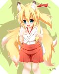  1girl animal_ears aqua_eyes blonde_hair fox_ears fox_tail hair_ribbon hajime_(ak-r) japanese_clothes miko multiple_tails open_mouth original ponytail ribbon shirt skirt smile solo tail 