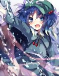  1girl backpack bag blue_eyes blue_hair blurry blush bubble gradient gradient_background hair_bobbles hair_ornament hat kawashiro_nitori key long_sleeves looking_at_viewer open_mouth outstretched_arm shirt short_hair skirt skirt_set smile solo sweetroad touhou twintails 