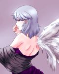  1girl back bare_shoulders from_behind gradient gradient_background highres itocoh kishin_sagume long_sleeves off_shoulder parted_lips profile purple_background red_eyes short_hair silver_hair single_wing solo touhou upper_body vest wings 