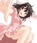 1girl ass black_hair carrot dress heart inaba_tewi jewelry legs looking_at_viewer natsu_no_koucha necklace open_mouth outstretched_hand pendant pink_dress puffy_short_sleeves puffy_sleeves red_eyes short_sleeves smile solo touhou upskirt 