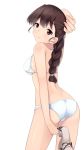  1girl arm_behind_back arm_up ass bikini braid brown_hair from_behind girls_und_panzer holding long_hair looking_at_viewer looking_back nksk pen sandals single_braid smile solo standing swimsuit ushiroda white_background white_bikini white_swimsuit 
