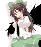  1girl arms_behind_back black_wings bow brown_hair hair_bow head_tilt heart long_hair natsu_no_koucha open_mouth red_eyes reiuji_utsuho revision simple_background skirt solo third_eye touhou white_background wings 