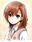  1girl brown_eyes brown_hair dated face hair_ornament highres kem_kem looking_at_viewer misaka_mikoto revision school_uniform short_hair signature smile solo to_aru_kagaku_no_railgun to_aru_majutsu_no_index upper_body 