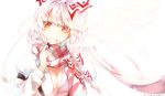  1girl albino bow breasts cigarette cleavage fujiwara_no_mokou grin hair_bow hair_ornament hair_ribbon long_hair long_sleeves looking_at_viewer puffy_sleeves red_eyes ribbon scarf shirt simple_background smile smoke smoking solo sweetroad touhou upper_body white_background white_hair 