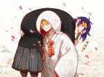  2boys ^_^ blonde_hair blue_hair blush carrying carrying_over_shoulder clenched_teeth closed_eyes fan folding_fan hood japanese_clothes kimono male_focus mikazuki_munechika multiple_boys open_mouth petals smile touken_ranbu uchikake verus yamanbagiri_kunihiro 