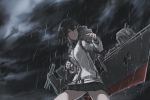  1girl black_eyes black_hair blood deel_(rkeg) hayasui_(kantai_collection) highres kantai_collection machinery rain short_hair skirt solo storm track_jacket 