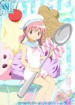  1girl alternate_hairstyle biscuit bow cherry food fruit hair_bobbles hair_ornament hat ice_cream jumpsuit kaname_madoka low_twintails mahou_shoujo_madoka_magica official_art oversized_object pink_eyes pink_hair sailor_collar sailor_hat short_hair short_twintails sittimng sitting smile solo spoon trading_card twintails 