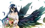  1girl albedo bare_shoulders bba1985 black_hair black_wings bouquet breasts cleavage demon_girl flower highres horns long_hair looking_at_viewer overlord_(maruyama) skull smile solo wings yellow_eyes 