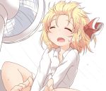  1girl alternate_costume barefoot blonde_hair closed_eyes electric_fan fang flower hair_ribbon long_sleeves naked_shirt natsu_no_koucha open_mouth red_rose ribbon rose rumia shirt short_hair simple_background solo sweat touhou white_background wind 