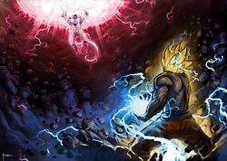  artist_request battle blonde_hair destruction dragon_ball dragon_ball_z electricity epic frieza highres kamehameha muscle son_gokuu spiky_hair super_saiyan 