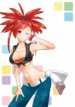  1girl absurdres armpits artist_request asuna_(pokemon) blush breasts cleavage denim gym_leader highres jeans large_breasts midriff navel nintendo one_eye_closed pants poke_ball pokemon pokemon_(game) pokemon_oras red_eyes redhead smile solo 