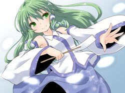  1girl detached_sleeves dutch_angle green_eyes green_hair hair_ornament kochiya_sanae long_hair natsu_no_koucha oonusa skirt smile snake_hair_ornament touhou 